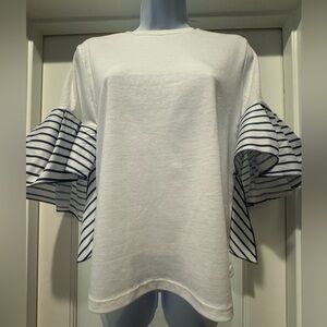 FAIRYCORE White and Blue Striped Ruffle Sleeve Top Size M Angel Wing Sleeves